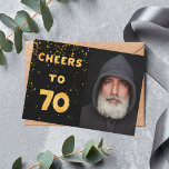70th birthday black gold photo cheers invitation<br><div class="desc">A trendy 70th birthday party invitation. With the text: Cheers to 70 on front written with faux gold balloon letters. Black background.  With golden confetti.  Template for your photo.  
Add your event details on back.  White letters,  black background.</div>