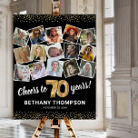 70th Birthday Black Gold Photo Party Foam Board<br><div class="desc">Elegant 70th birthday party picture foam board sign featuring a stylish black background that can be changed to any color,  a 15 photo collage through the years,  the saying 'cheers to 70 years',  gold glitter edges,  their name,  and the date of the celebration.</div>