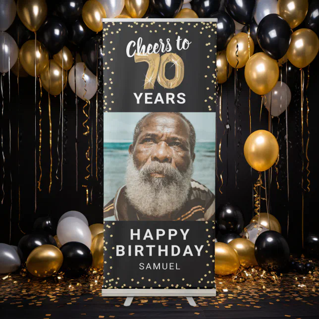 70th Birthday Black Gold Photo Retractable Banner | Zazzle