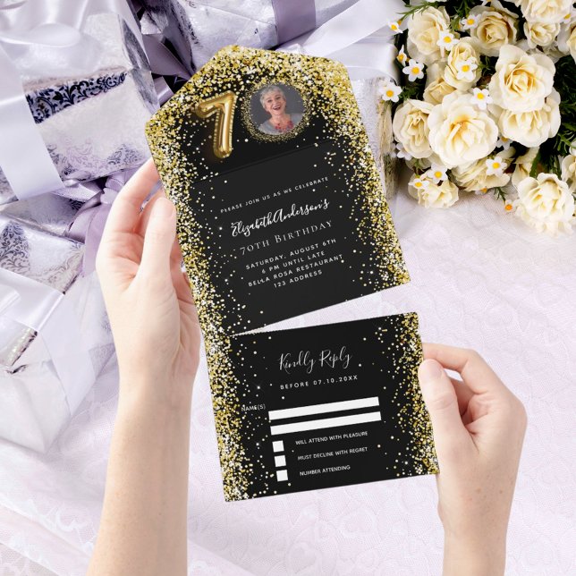 70th birthday black gold photo rsvp all in one invitation (Creator Uploaded)