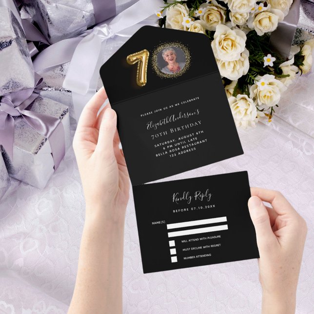 70th birthday black gold photo rsvp all in one invitation (Creator Uploaded)