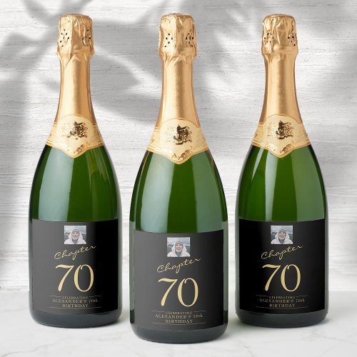 70th Birthday Black Gold Photo Sparkling Wine Label