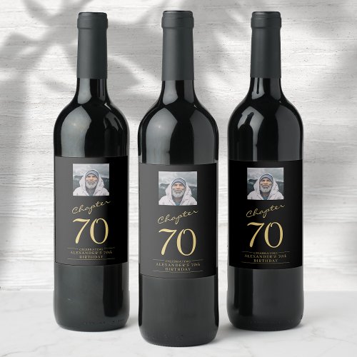70th Birthday Black Gold Photo Wine Label