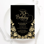 70th Birthday Black Gold Roses Invitation<br><div class="desc">Black gold elegant 70th birthday party invitation. Classy design featuring roses,  faux gold foil and typography script font. Trendy invite card perfect for a stylish female bday celebration. Personalize with your own details. Can be customized to any age. Printed Zazzle invitations or instant download digital printable template.</div>