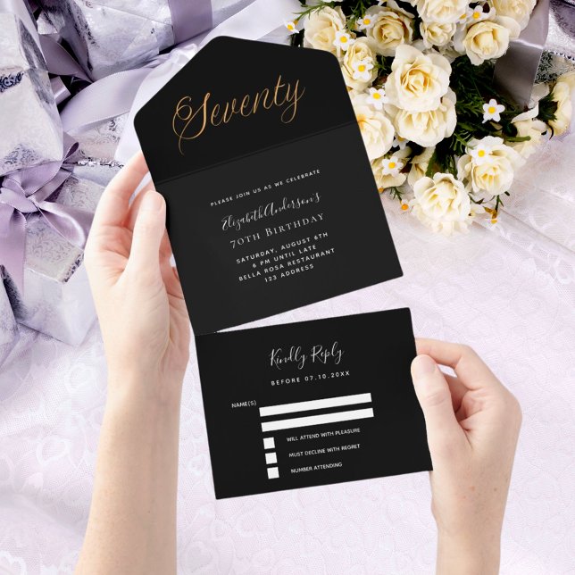 70th birthday black gold script rsvp all in one invitation (Creator Uploaded)
