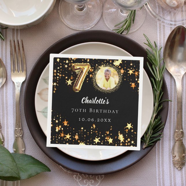 70th birthday black gold stars photo napkins (Creator Uploaded)