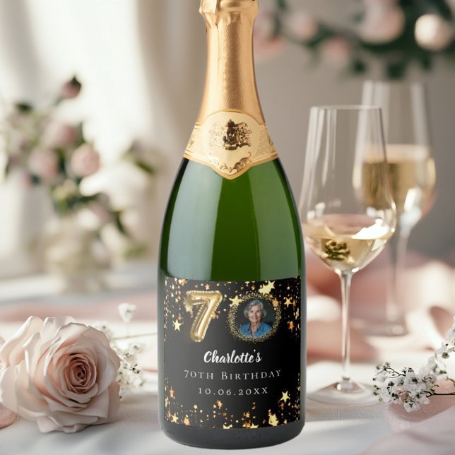 70th birthday black gold stars photo sparkling wine label (Creator Uploaded)