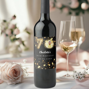 70th birthday black gold stars photo wine label