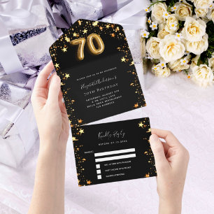 70th birthday black gold stars rsvp all in one invitation