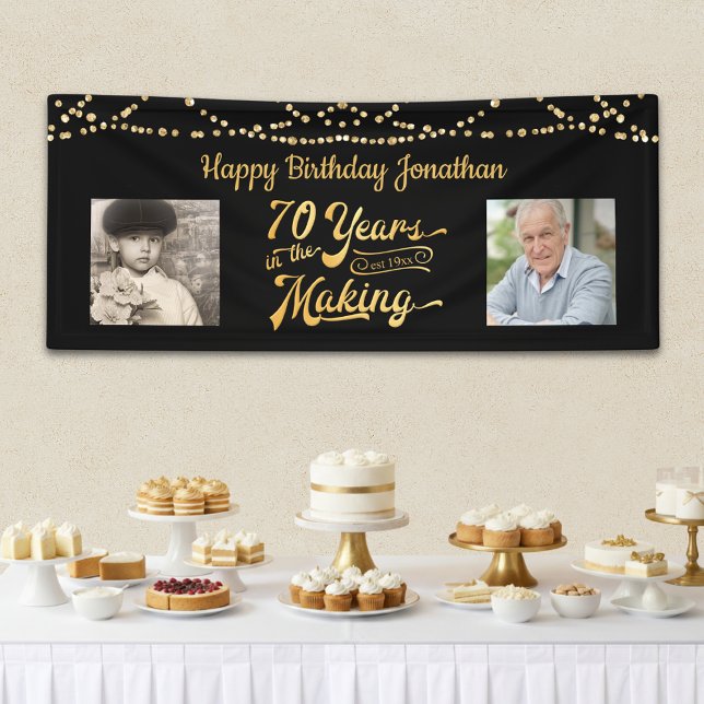 70th Birthday Black Gold String Lights Photos Banner (Creator Uploaded)