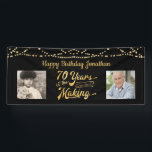 70th Birthday Black Gold String Lights Photos Banner<br><div class="desc">Celebrate a 70th birthday with this black and gold party banner sign with string lights featuring a retro typography title design of 70 YEARS IN THE MAKING that incorporates their birth year as part of the design, 2 photos (fun to include Then and Now photos) and your personalized custom message...</div>