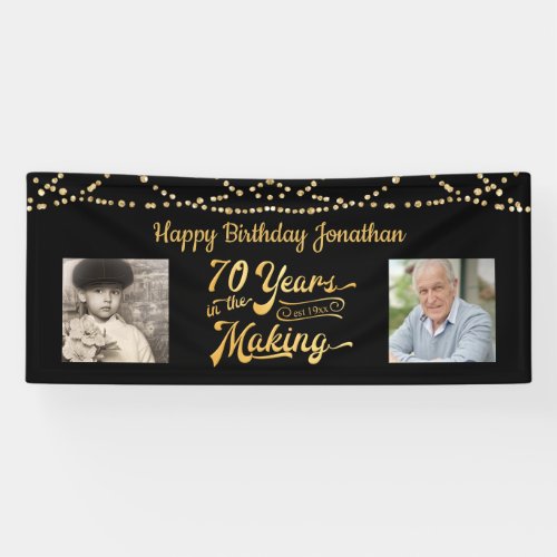 70th Birthday Black Gold String Lights Photos Banner