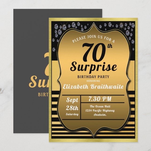 70th Birthday Black Gold Surprise Party Invitation (Front/Back)