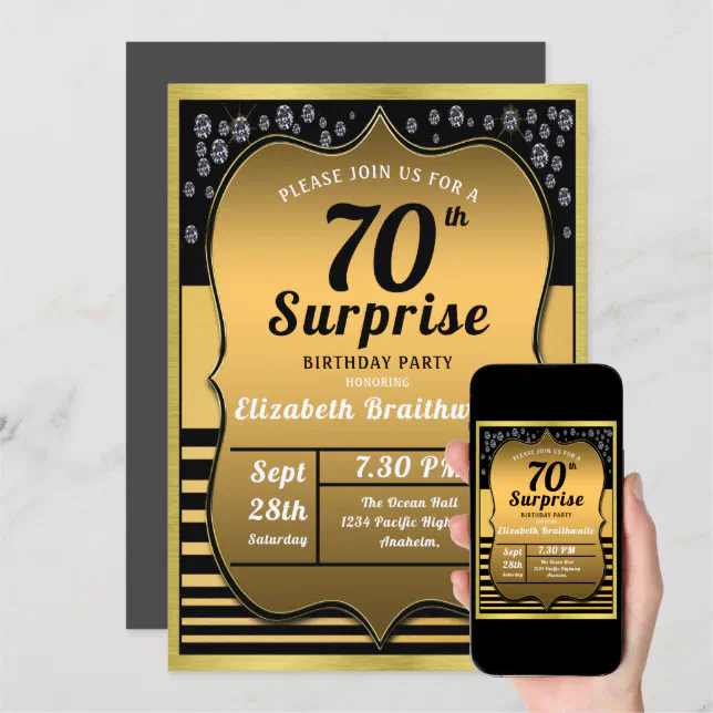 70th Birthday Black Gold Surprise Party Invitation | Zazzle