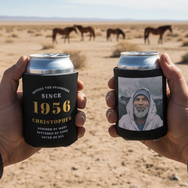 70th Birthday Black Gold With Photo Can Cooler (1956 can cooler with desert background)
