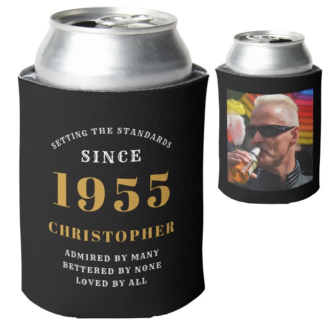 70th Birthday Black Gold With Photo Can Cooler (Personalized 70th birthday born 1955 can cooler with name and photograph)