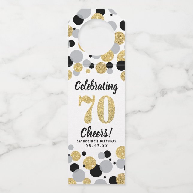 70th Birthday Black Gray Gold Glitter Confetti Bottle Hanger Tag (Front)