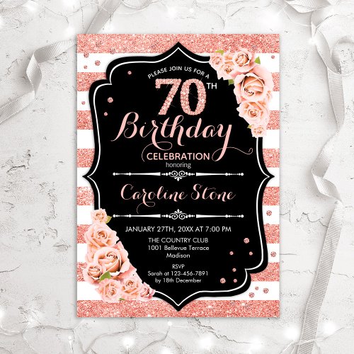 70th Birthday Black Rose Gold and White Stripes Invitation