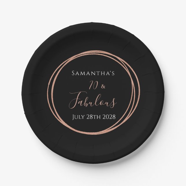 70th Birthday Black Rose Gold Birthday Party Paper Plates (Front)