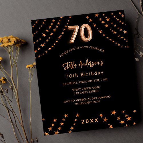 70th birthday black rose gold budget invitation
