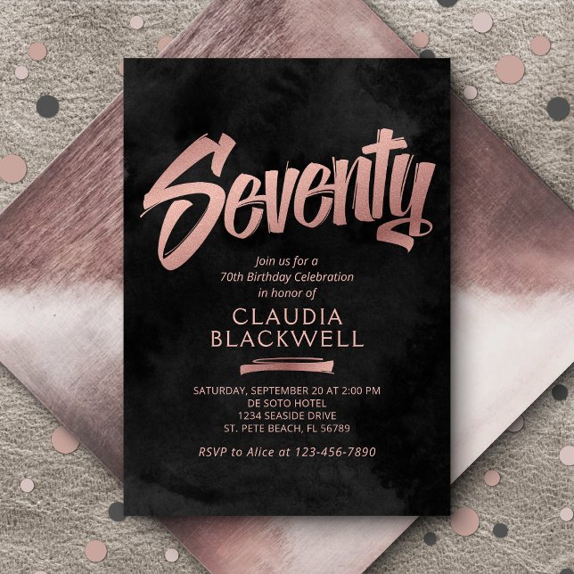 70th Birthday Black Rose Gold Invitation (Creator Uploaded)