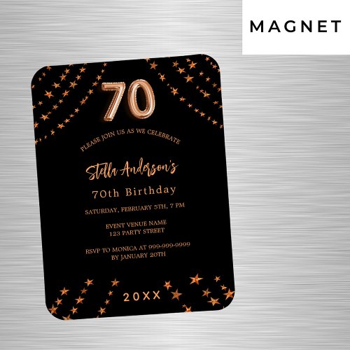 70th birthday black rose gold invitation magnet