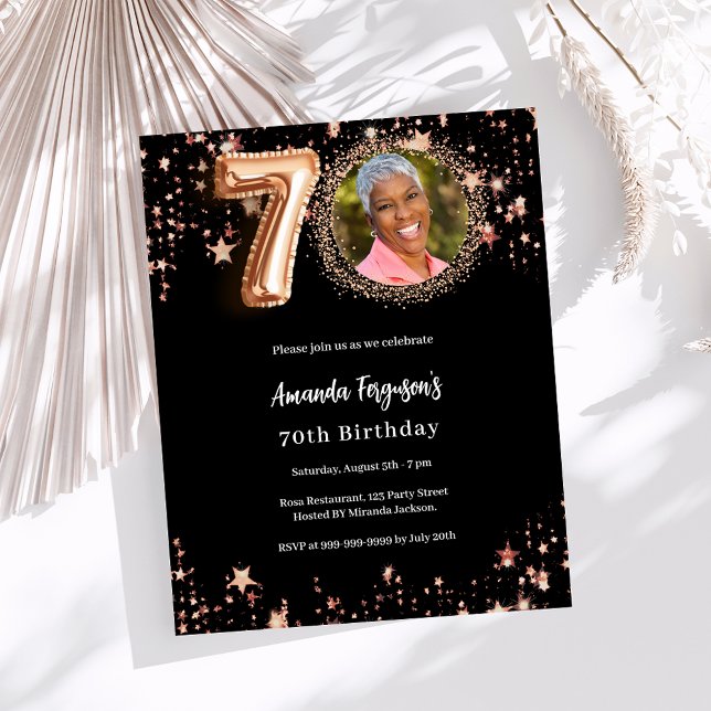 70th Birthday black rose gold photo invitation (Creator Uploaded)