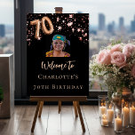 70th Birthday black rose gold photo star welcome   Foam Board<br><div class="desc">A welcome board for a girly and glamorous 70th birthday party.  A classic black background decorated with rose gold stars.  Personalize and add a photo and name.  Number 70 is written with a balloon style font.
Back: no design</div>