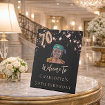 70th Birthday black rose gold photo star welcome Pedestal Sign<br><div class="desc">A welcome sign for a girly and glamorous 70th birthday party.  A classic black background decorated with rose gold stars.  Personalize and add a photo and name.  Number 70 is written with a balloon style font.</div>