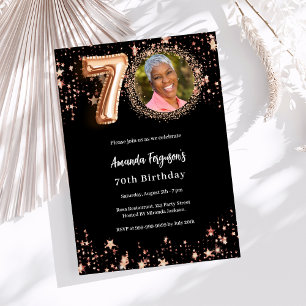 70th Birthday black rose gold photo stars Invitation