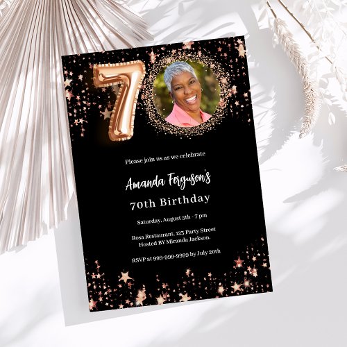 70th Birthday black rose gold photo stars luxury Invitation