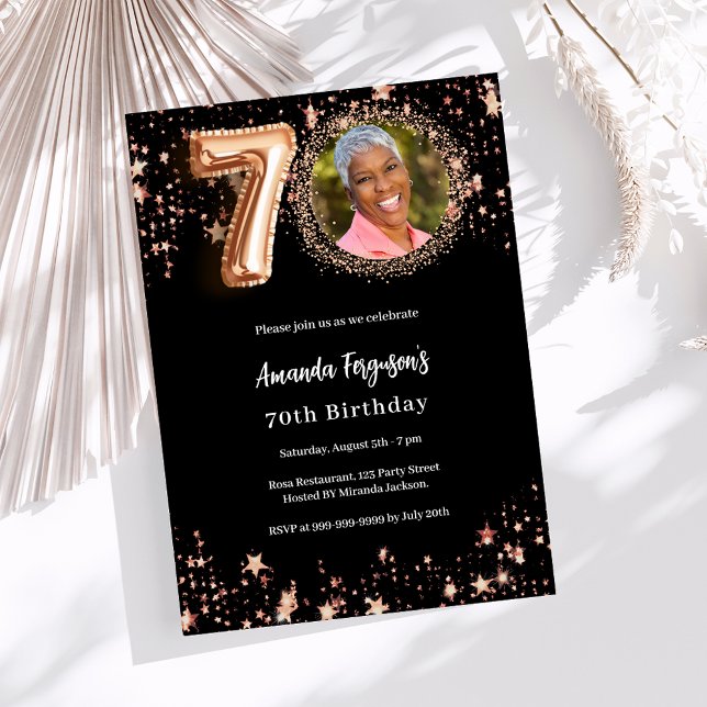 70th Birthday black rose gold photo stars luxury Invitation (Creator Uploaded)