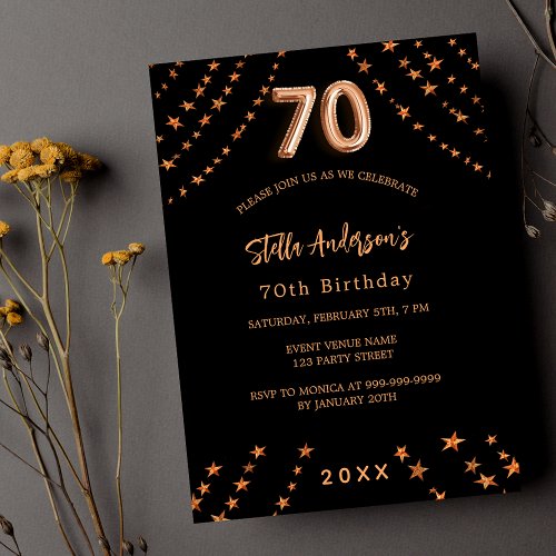 70th birthday black rose gold stars elegant invitation