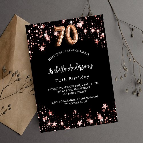 70th birthday black rose gold stars invitation postcard