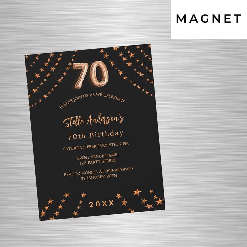 70th birthday black rose gold stars luxury magnetic invitation