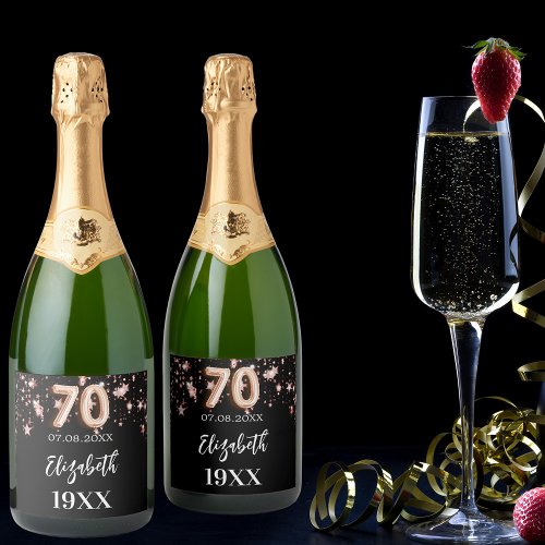 70th Birthday black rose gold stars Sparkling Wine Label