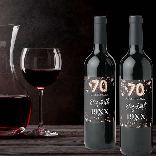 70th Birthday black rose gold stars Wine Label