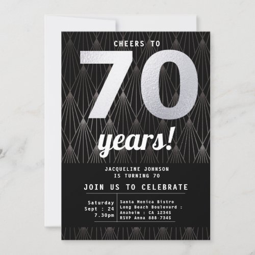 70th Birthday Black Silver Party Invitation