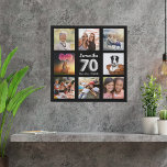 70th birthday black silver photo collage faux canvas print<br><div class="desc">A unique gift for a 70th birthday, celebrating her life with a collage of 8 of your own photos, pictures. Personalize and add her name and a date. A chic black background. The name is written with a modern hand lettered style script, number 70 with a faux silver balloon style...</div>