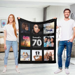 70th birthday black silver photo collage name fleece blanket<br><div class="desc">A unique gift for a 70th birthday, celebrating her life with a collage of 8 of your own photos, pictures. Personalize and add her name and a date. A chic black background. The name is written with a modern hand lettered style script. Number 70 with faux silver balloon style font....</div>