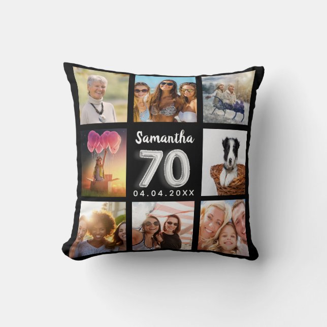 70th birthday black silver photo collage throw pillow (Front)