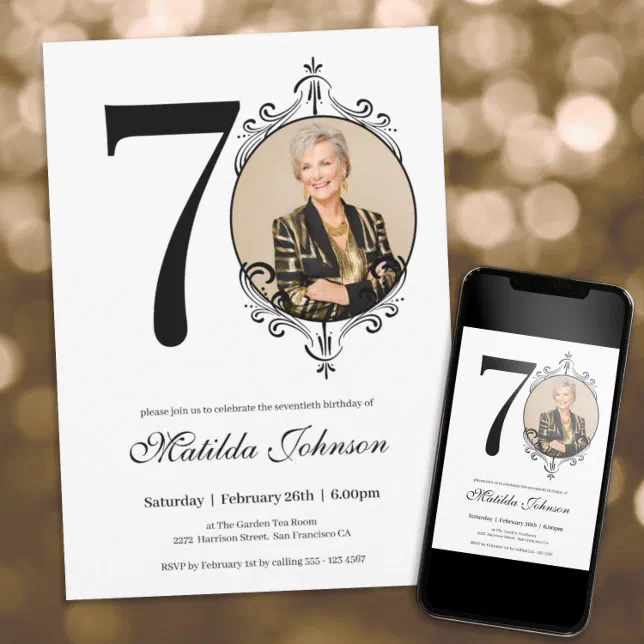 70th Birthday Black White Elegant Custom Photo Invitation | Zazzle