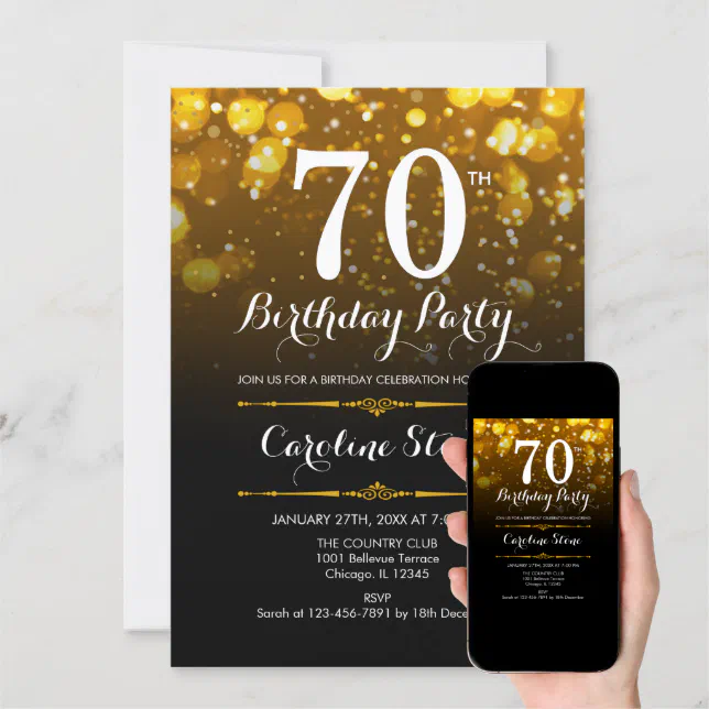 70th Birthday - Black White Gold Invitation | Zazzle