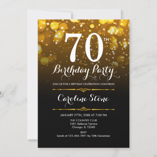 70th Birthday - Black White Gold Invitation | Zazzle