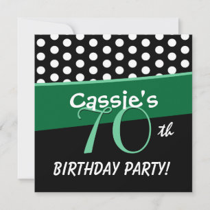 70th Birthday Black White Green Polka Dots D413 Invitation