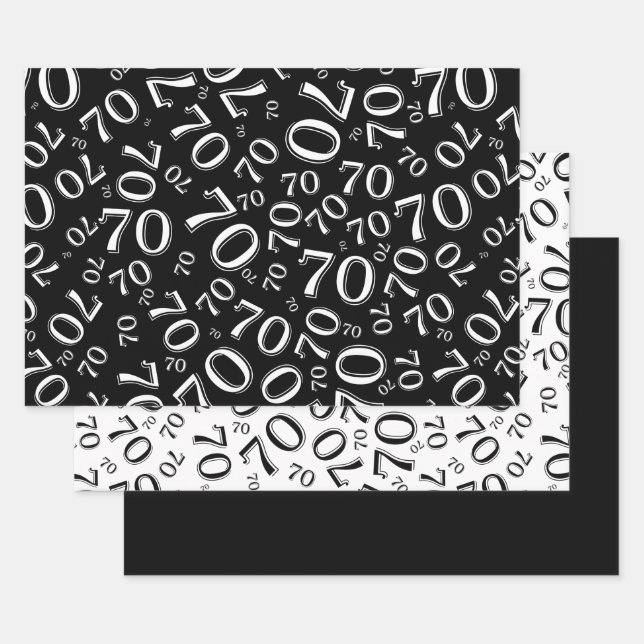 70th Birthday Black & White Number Pattern 70 Wrapping Paper Sheets (Set)