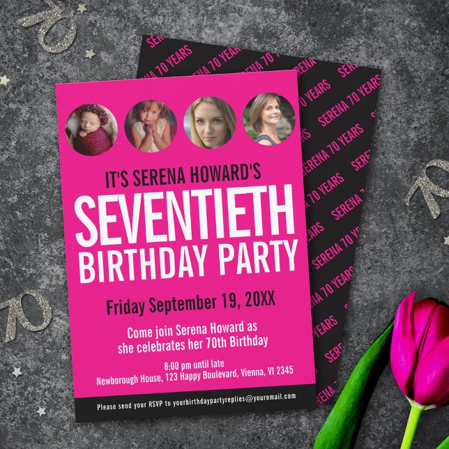 70th Birthday black white pink photo circles Invitation (Creator Uploaded)