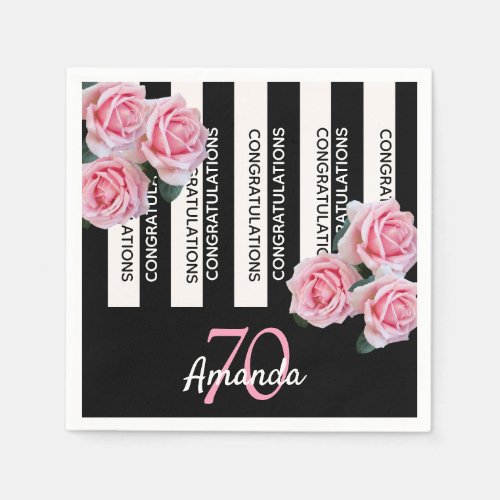 70th birthday black white stripes pink flowers napkins