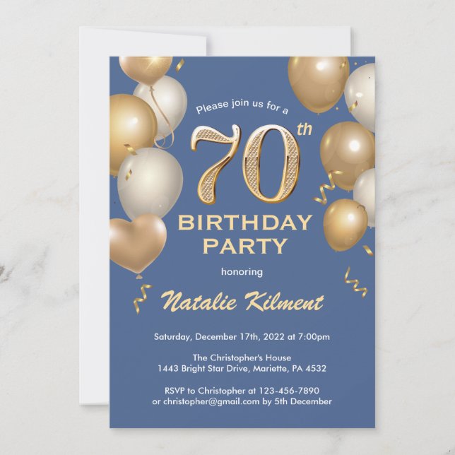 70th Birthday Blue and Gold Glitter Balloons Invitation (Front)