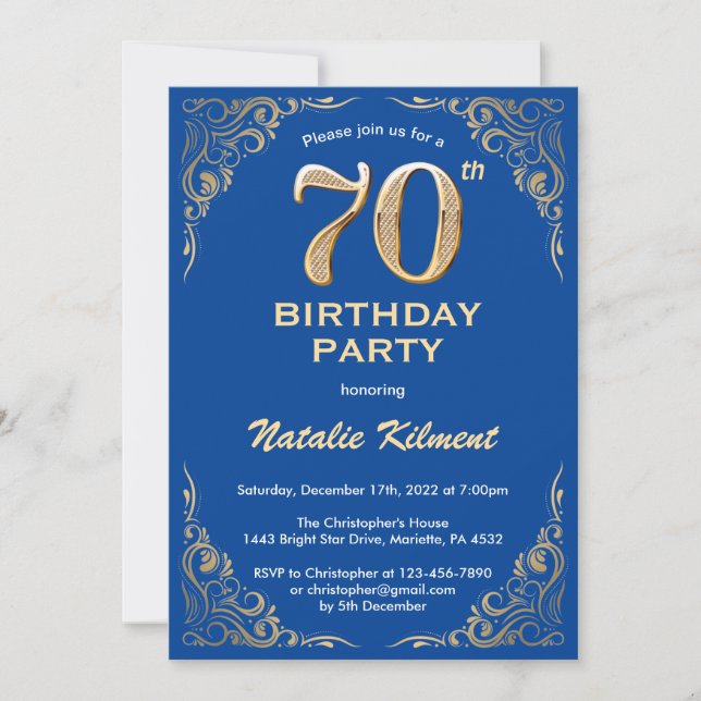 70th Birthday Blue and Gold Glitter Frame Invitation (Front)